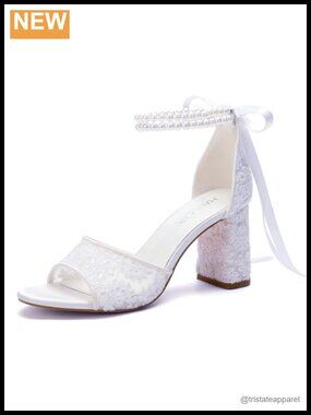 Lace Bridal Sandals Pearl Ankle Strap Satin Ribbon Block Heel Open Toe